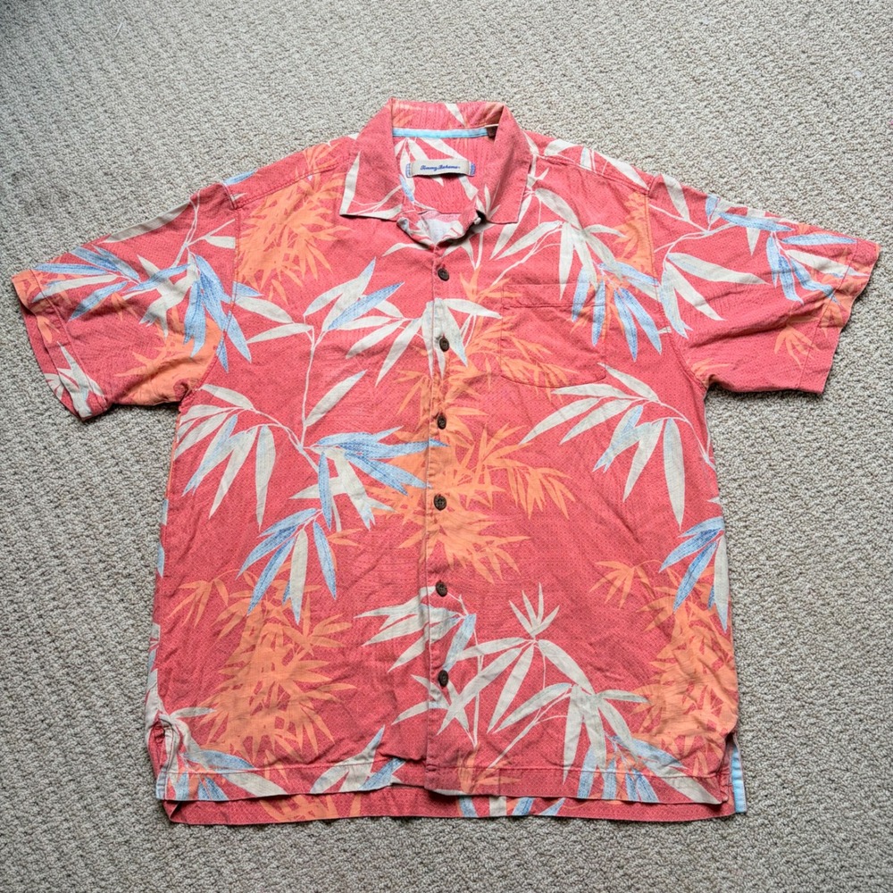 Tommy Bahama Mens Large 100% Silk Bamboo Leaf Print Short Sleeve Camp Shirt Pink - Picture 2 of 6